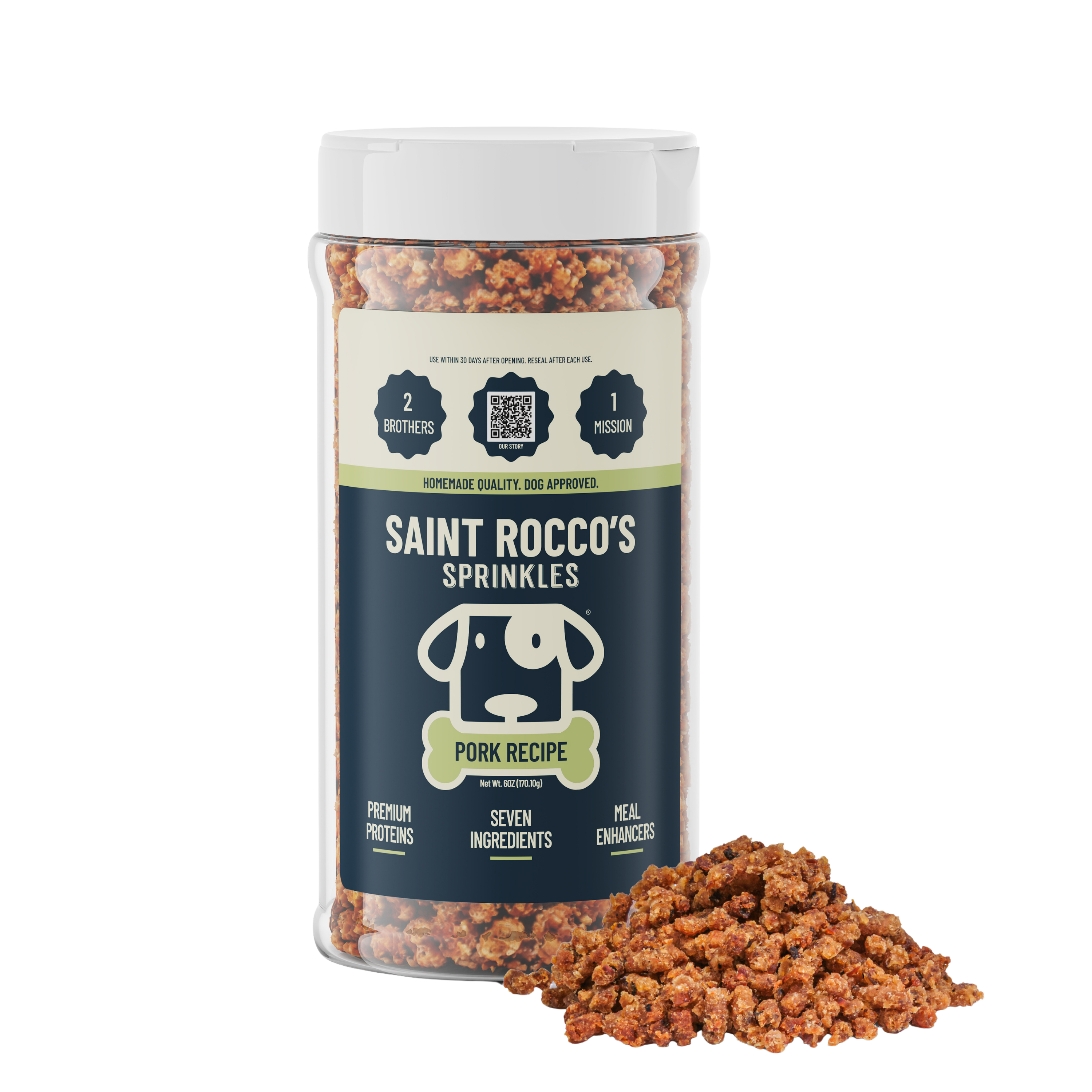 Container of Saint Rocco's Sprinkles dog food with visible product on a white background