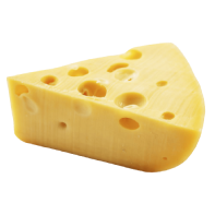 A wedge of Swiss cheese with a smooth yellow surface and several round holes, shown against a plain white background.