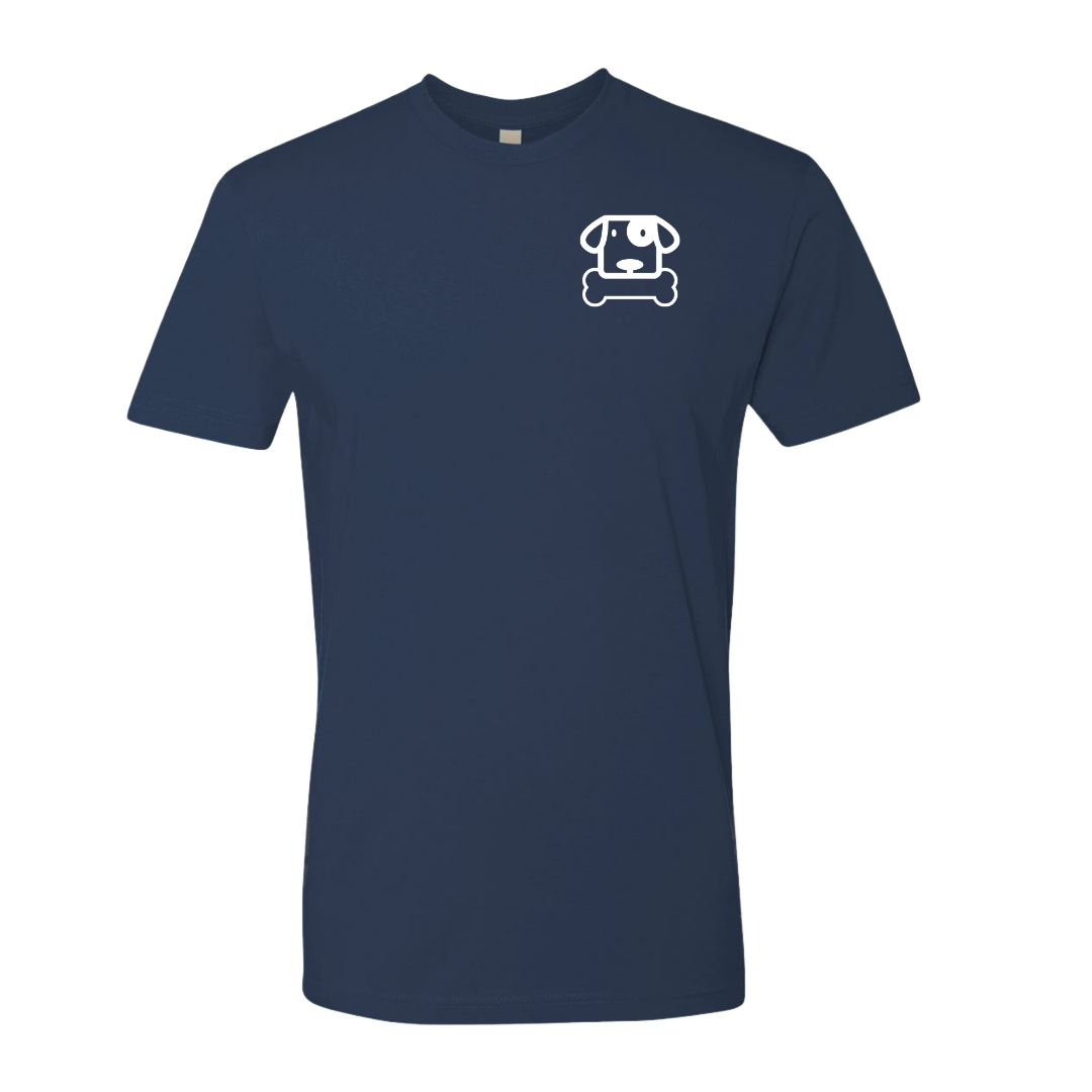 Front of a navy blue t-shirt with a white Saint Rocco's logo