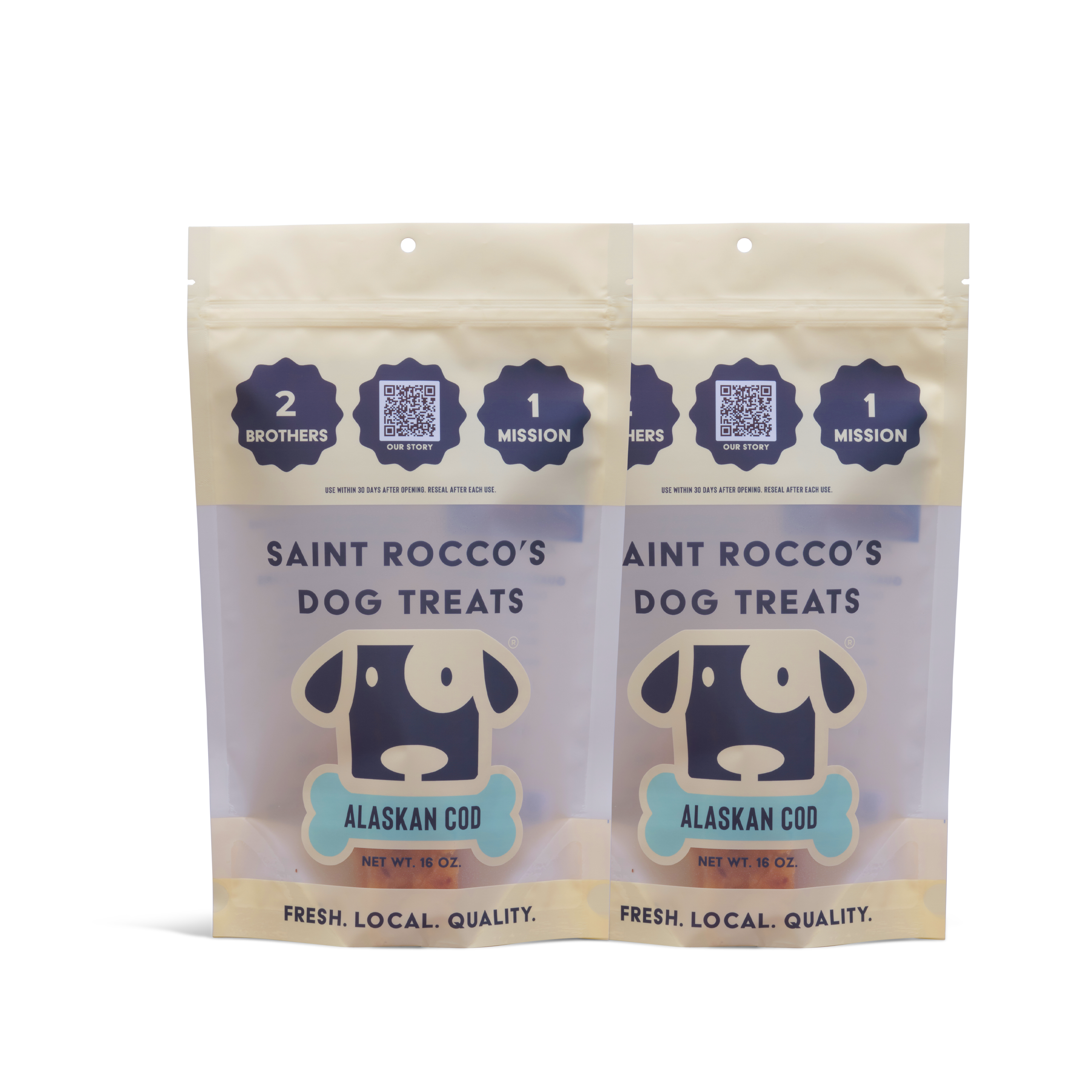Two packages of Saint Rocco's Dog Treats on a white background