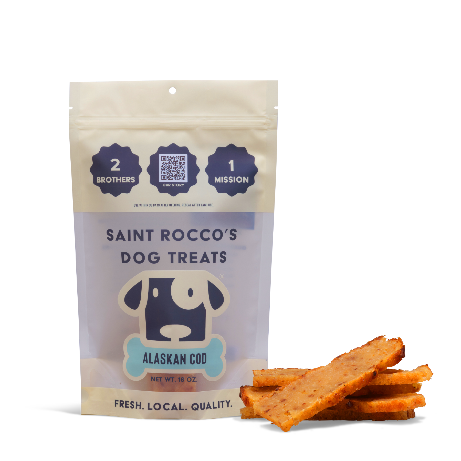 Saint Rocco's Dog Treats packaging with treats on a white background