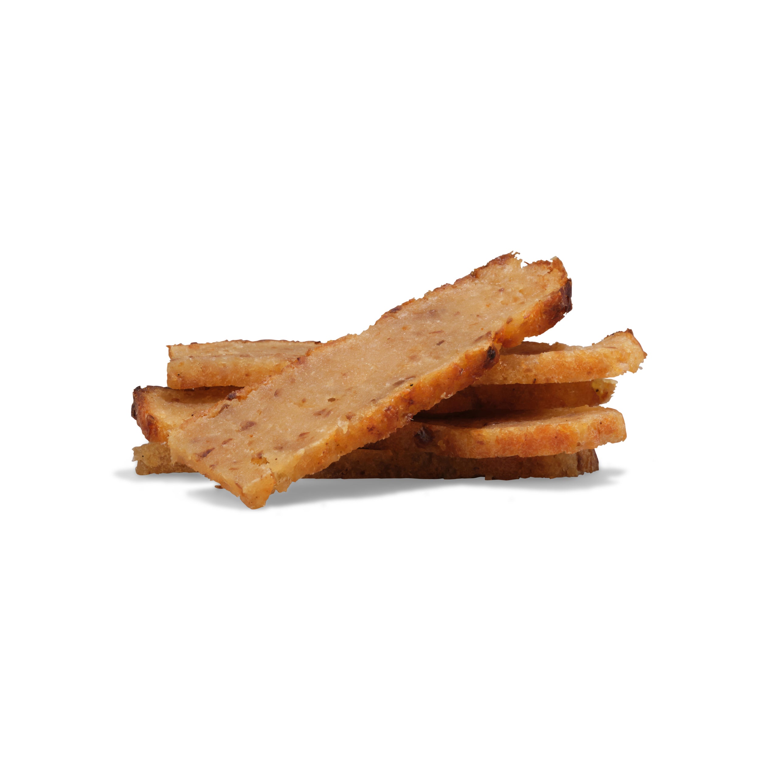 Saint Rocco's Treats Seafood Treats Sampler Bundle features crispy, golden-brown rectangular strips of salmon and cod, stacked in a small pile on a white background.