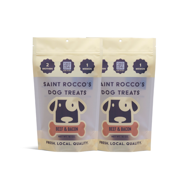 Two packages of Saint Rocco's Dog Treats with a dog icon and text on a white background