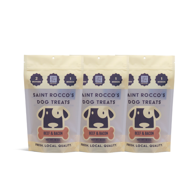 Three packages of Saint Rocco's Dog Treats with a dog icon and text on a white background