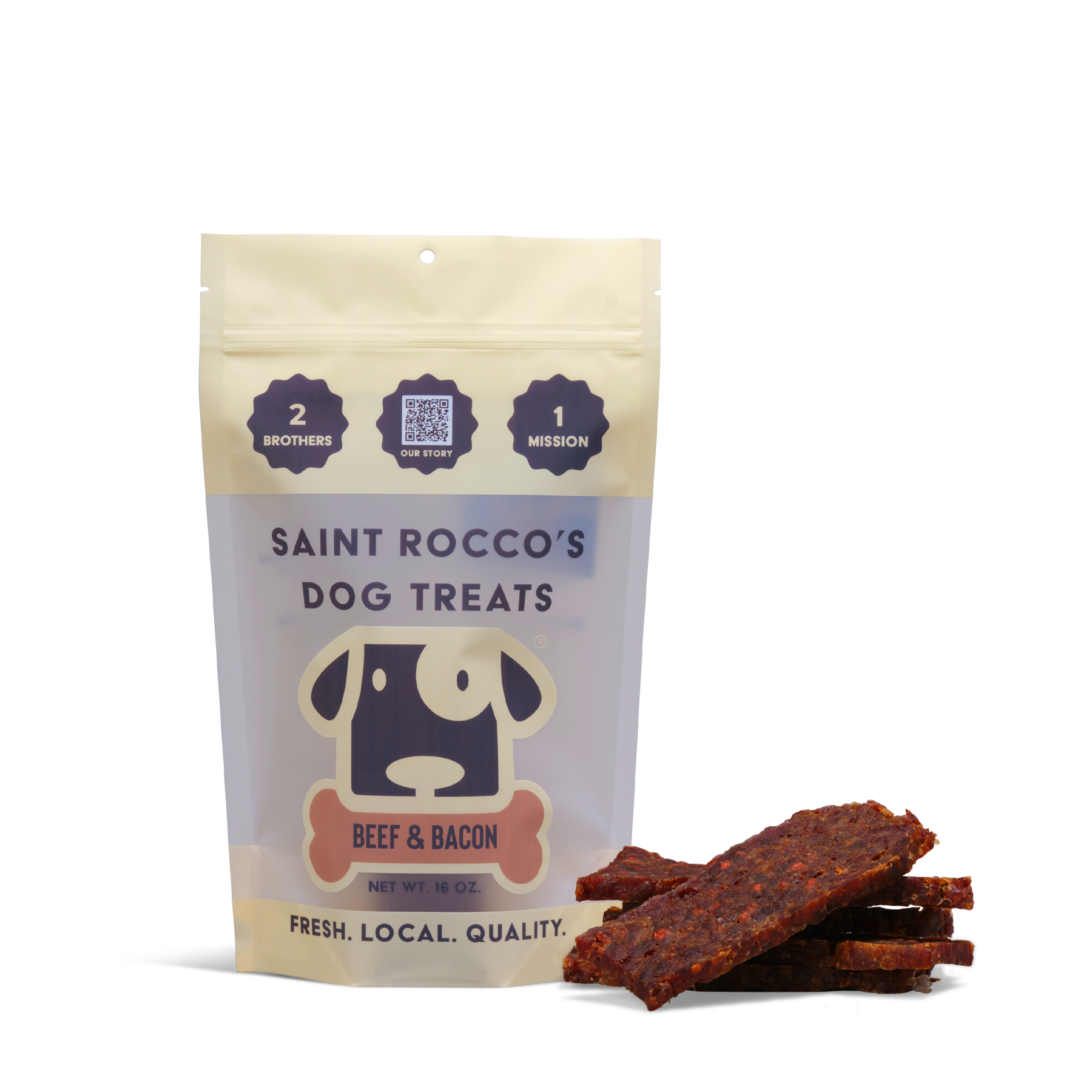 A pouch of Saint Rocco's Treats Beef and Bacon Treats stands upright next to several pieces on a white background, showcasing the cartoon dog face packaging and highlighting these artisan, high-value snacks for dogs.