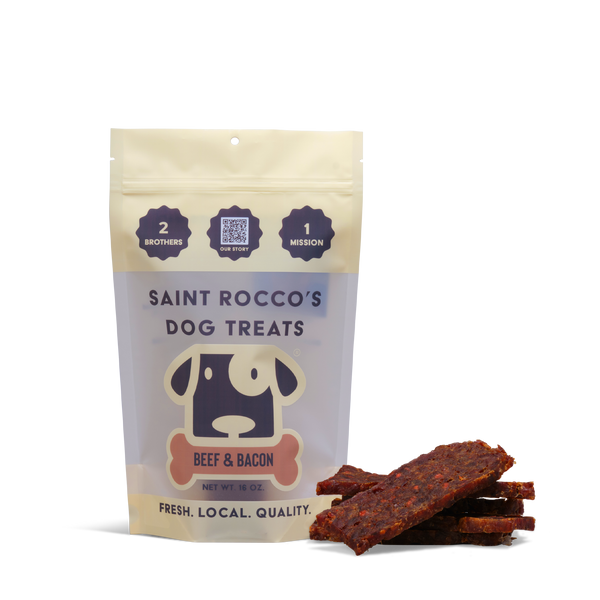 Saint Rocco's Dog Treats package with treats on a white background