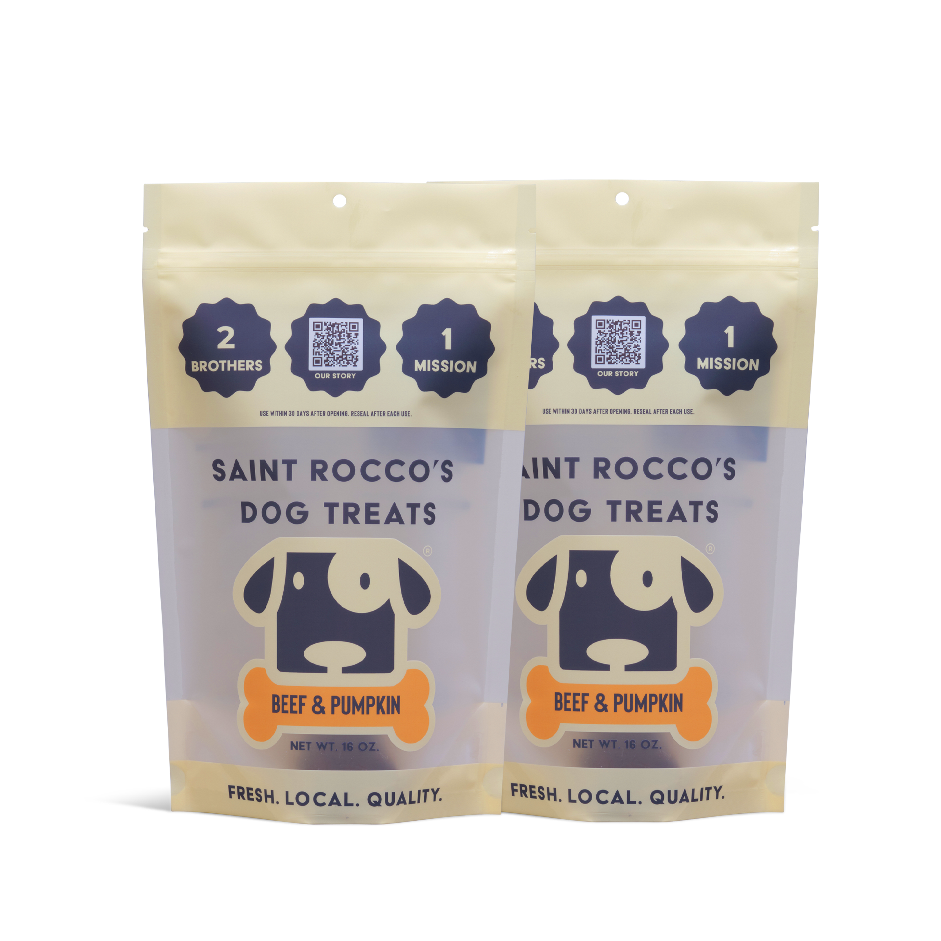 Two yellow and beige bags of Saint Rocco’s Treats Beef and Pumpkin Treats sit side by side, featuring a cartoon dog face and “2 brothers, 1 mission” text. These are delicious handcrafted dog treats.