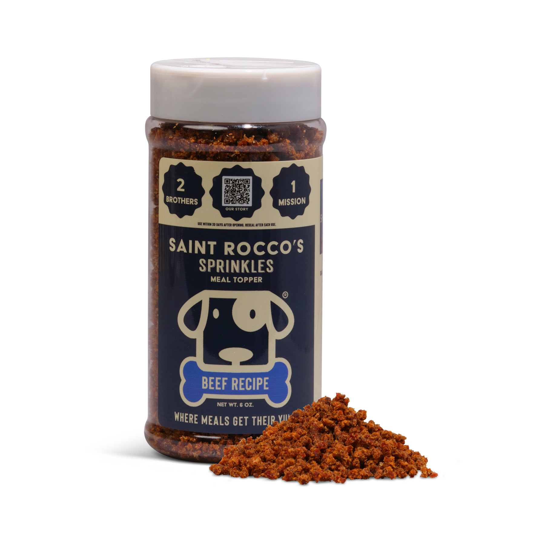Bottle of Saint Rocco's Sprinkles Beef Recipe meal topper with a white background