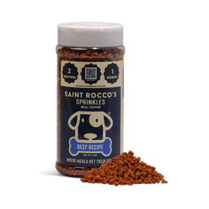 Bottle of Saint Rocco's Sprinkles Beef Recipe meal topper with a white background