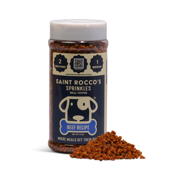 Bottle of Saint Rocco's Sprinkles Beef Recipe meal topper with a white background