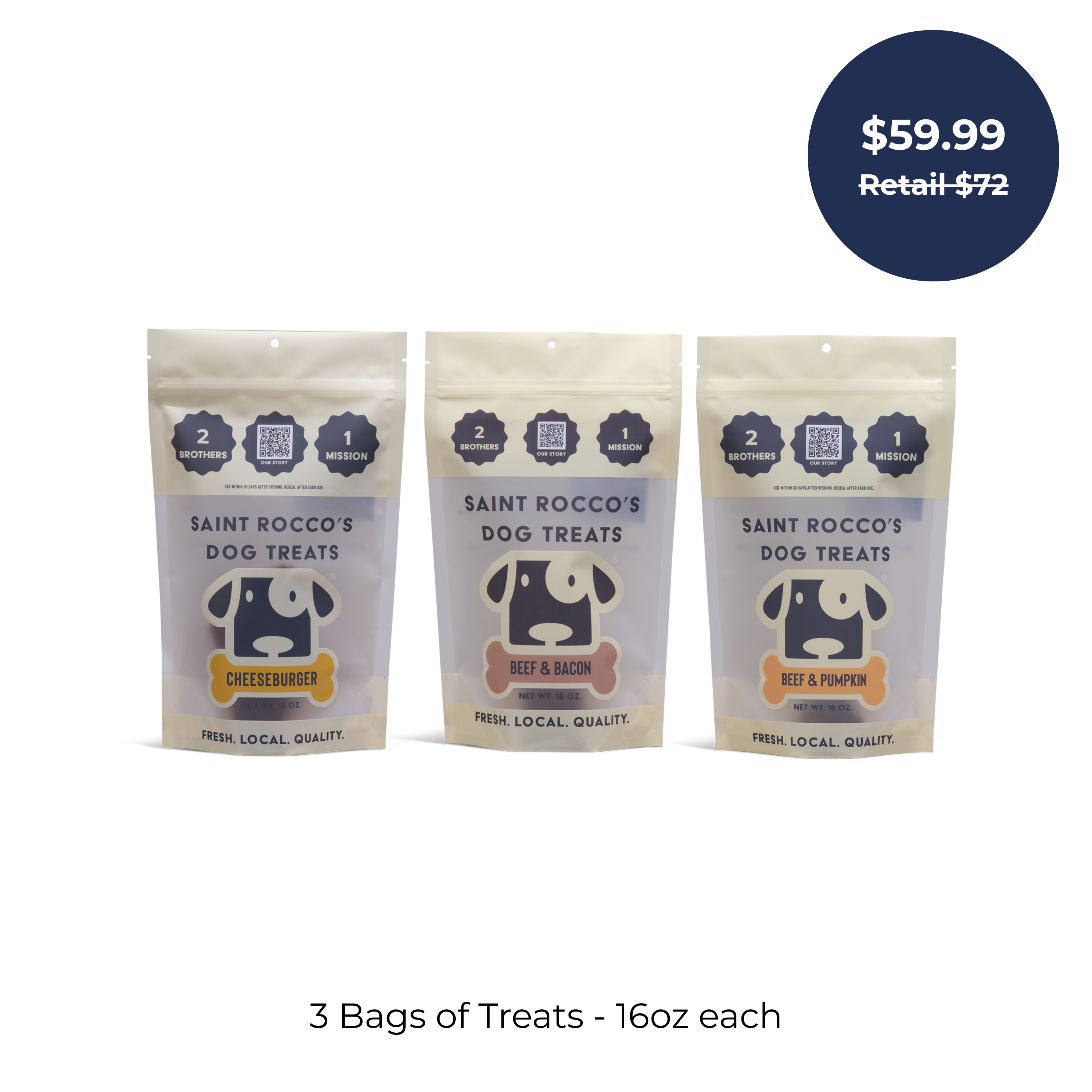 Three bags of Saint Rocco's Treats Beef Treats Sampler Bundle—artisan dog treats (Cheeseburger, Beef & Bacon, Beef & Pumpkin flavors)—are shown. Price in a blue circle: $59.99 (retail $72). "3 Bags of Treats - 16oz each" appears below.