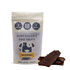 Saint Rocco's Dog Treats package with cheeseburger treats on a white background