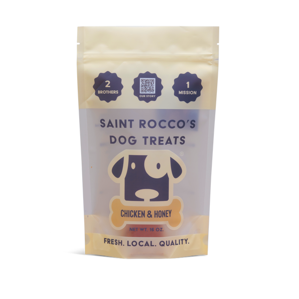 Saint Rocco's Dog Treats package with chicken and honey flavor on a white background