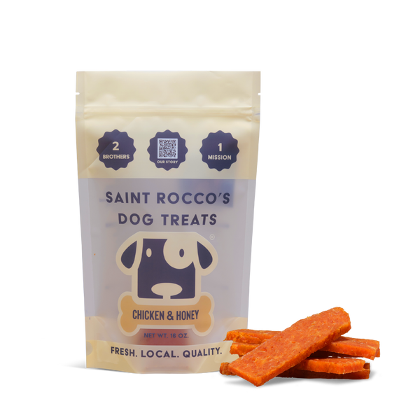 Saint Rocco's Dog Treats packaging with treats on a white background