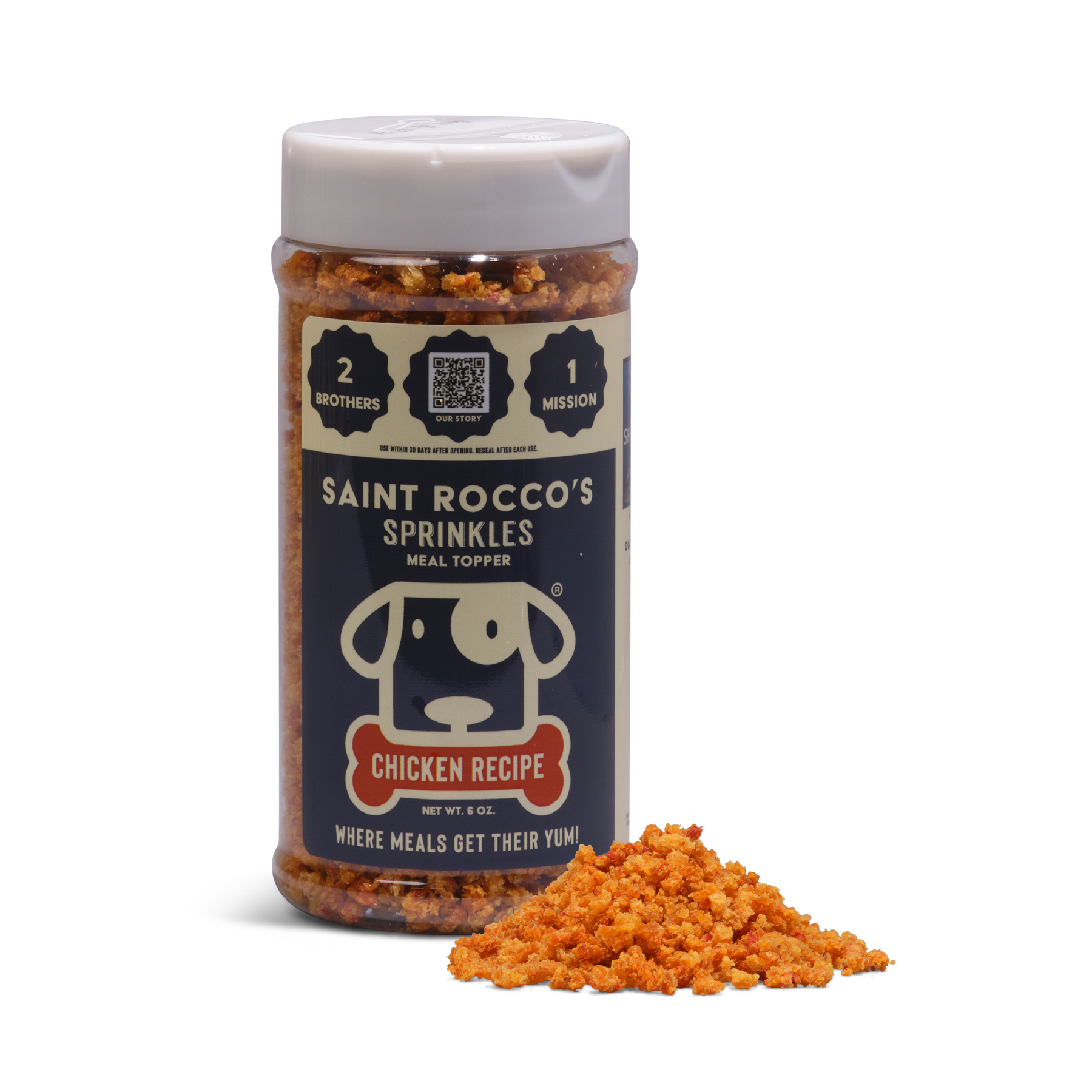 Saint Rocco's Sprinkles jar with chicken recipe on a white background
