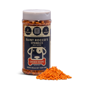 Saint Rocco's Sprinkles jar with chicken recipe on a white background