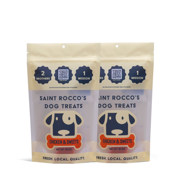 Saint Rocco's Dog Treats packaging with a blue and white design on a white background