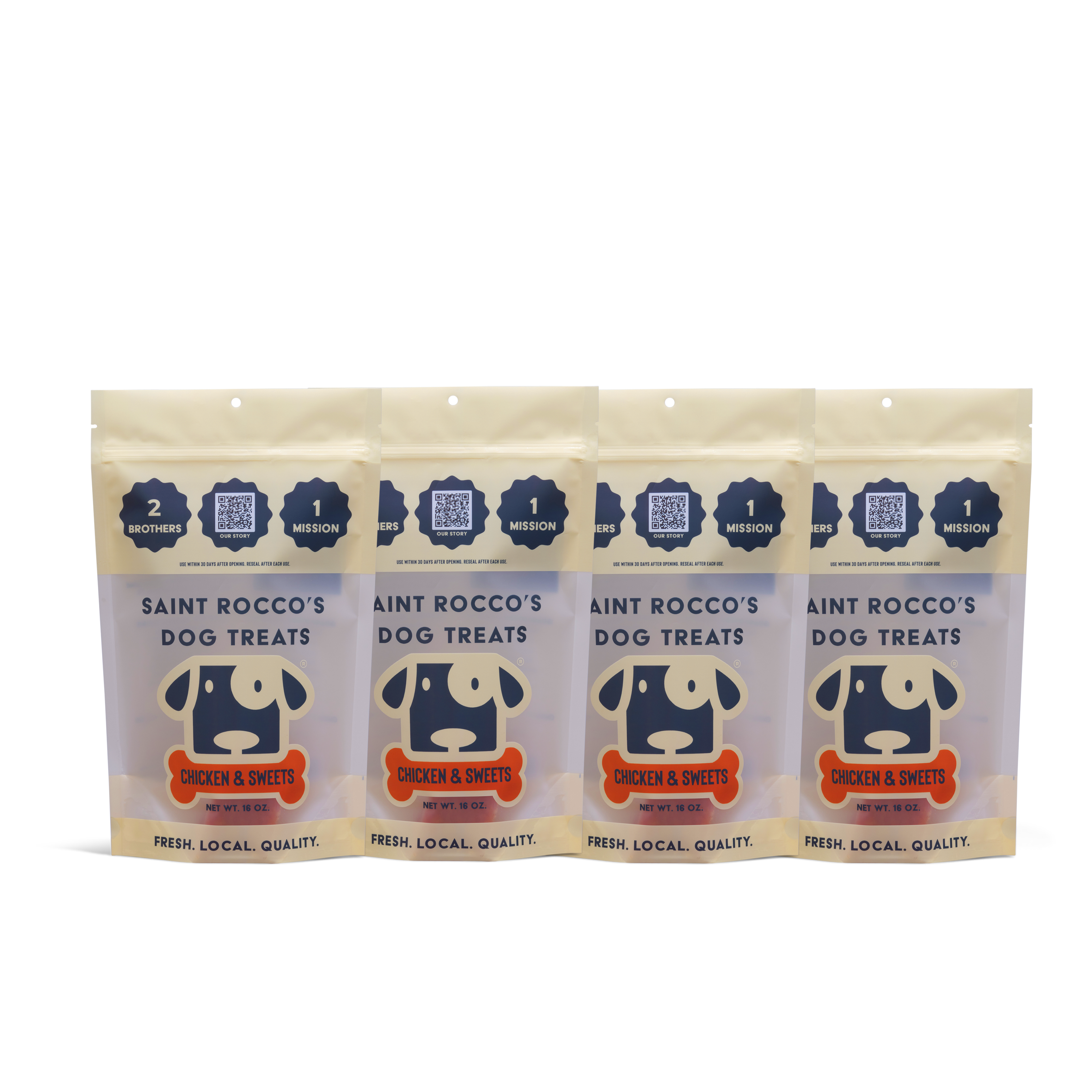 Four bags of Saint Rocco's Treats Chicken and Sweets Treats feature a cartoon dog face, highlight freshness and local quality, and display the “1 Mission 2 Brothers” slogan at the top.
