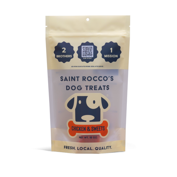 Saint Rocco's Dog Treats packaging with a dog icon and text on a white background