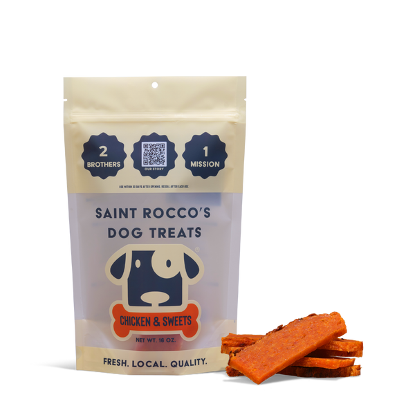 Saint Rocco's Dog Treats package with treats on a white background