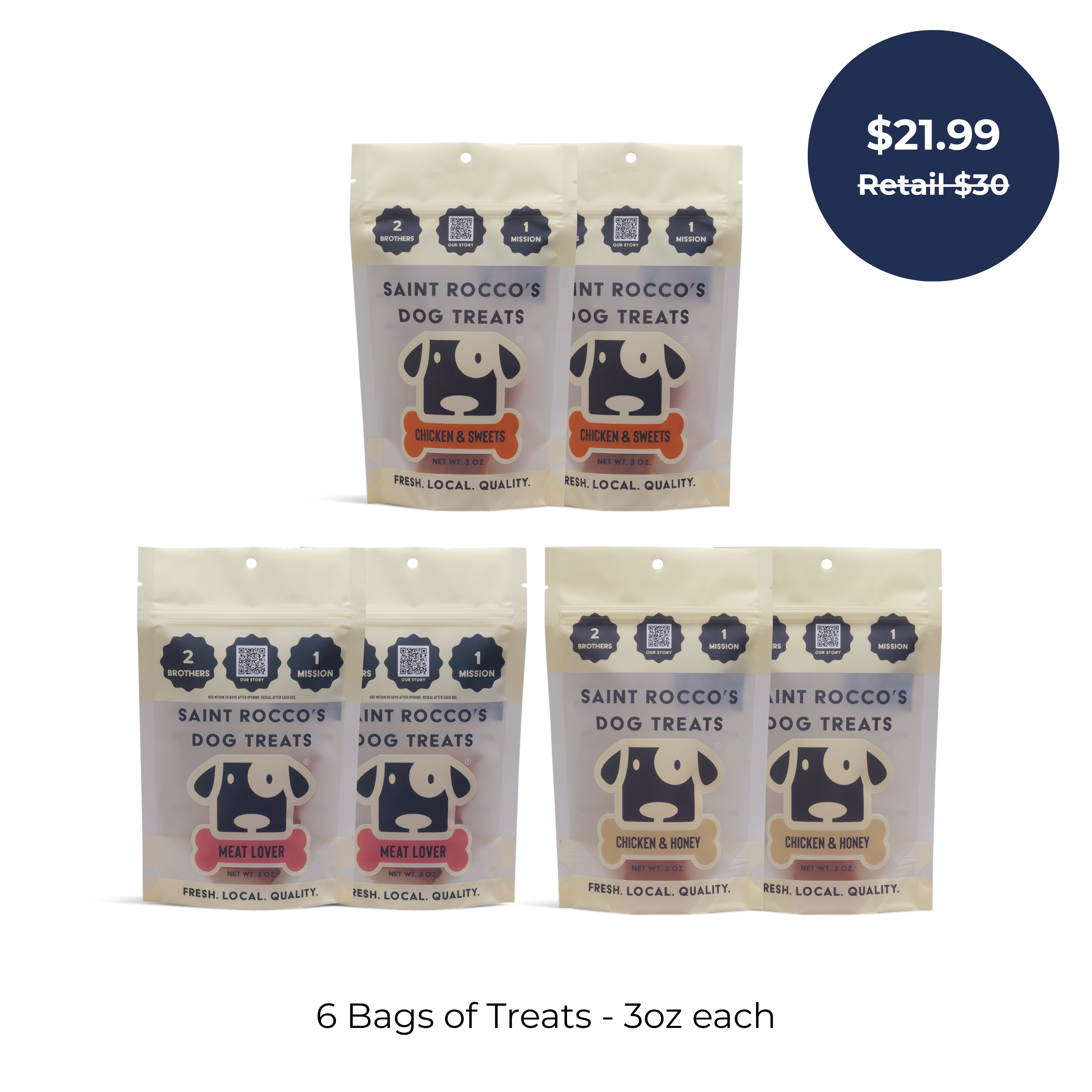 Saint Rocco's Treats Chicken Treats Sampler Bundle: 6 bags (3oz each) in assorted flavors for $21.99 (Retail $30). Simple white background.