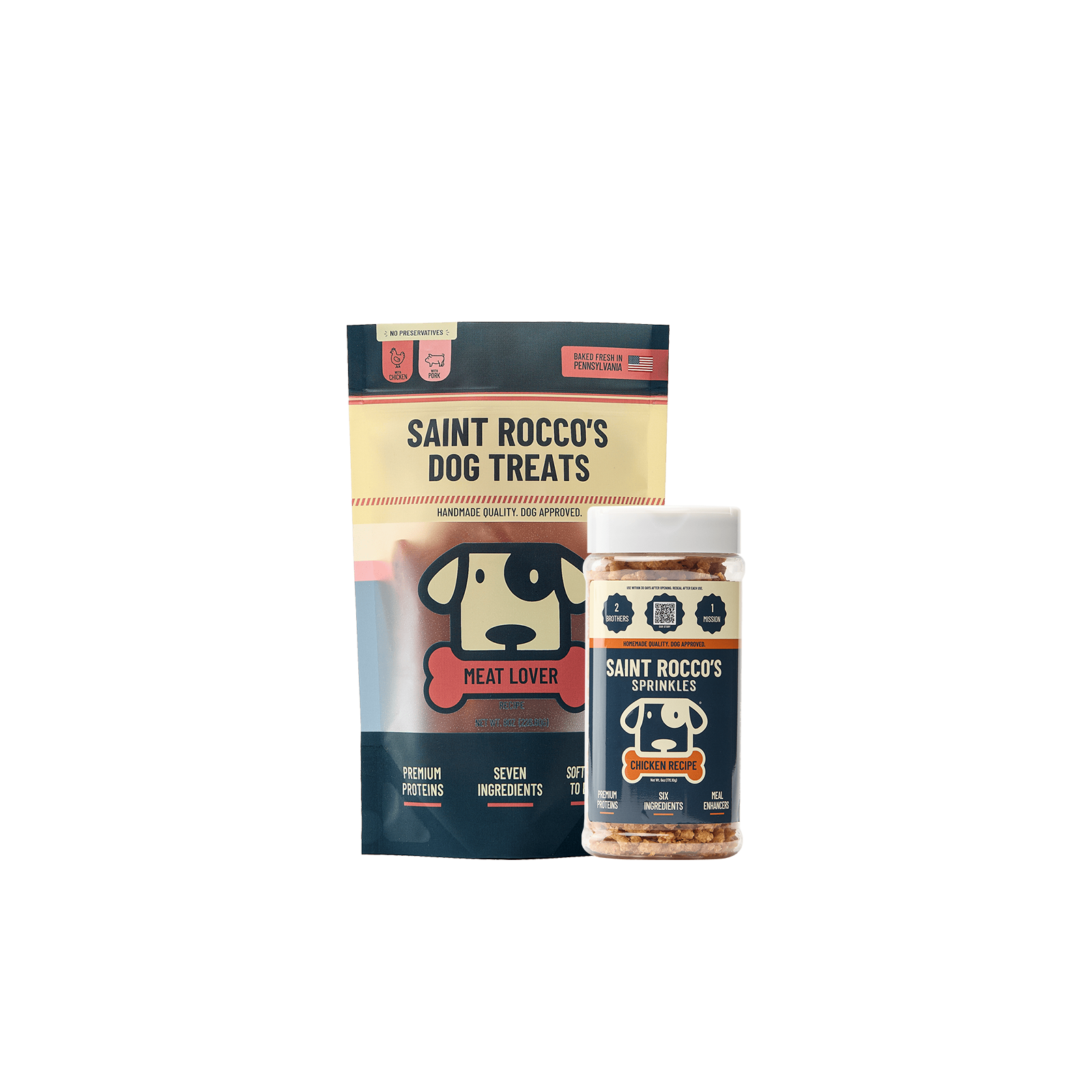Saint Rocco's Meat Lover treats paired with the Chicken sprinkles meal-enhancer.