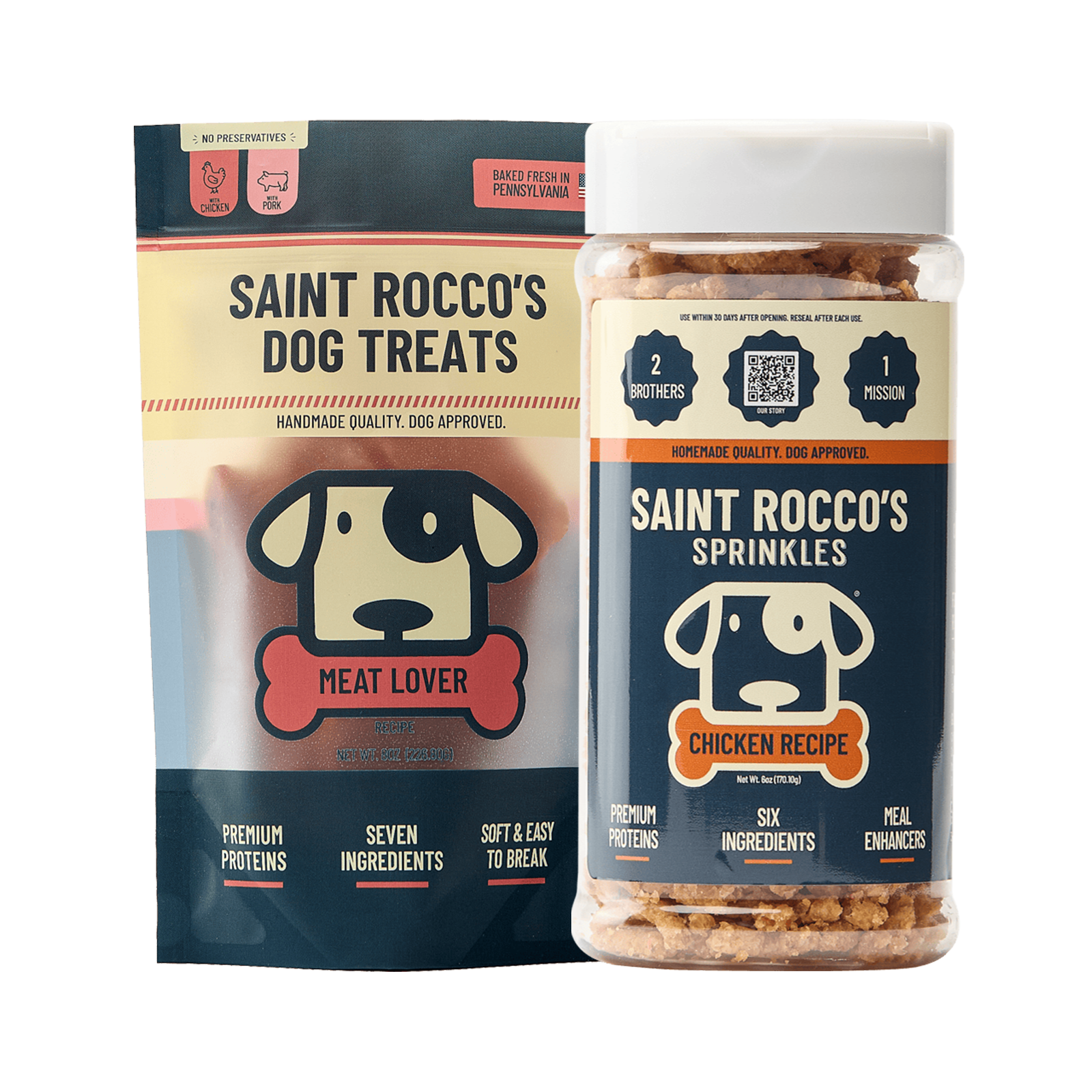 Saint Rocco's Meat Lover treats paired with the Chicken sprinkles meal-enhancer.