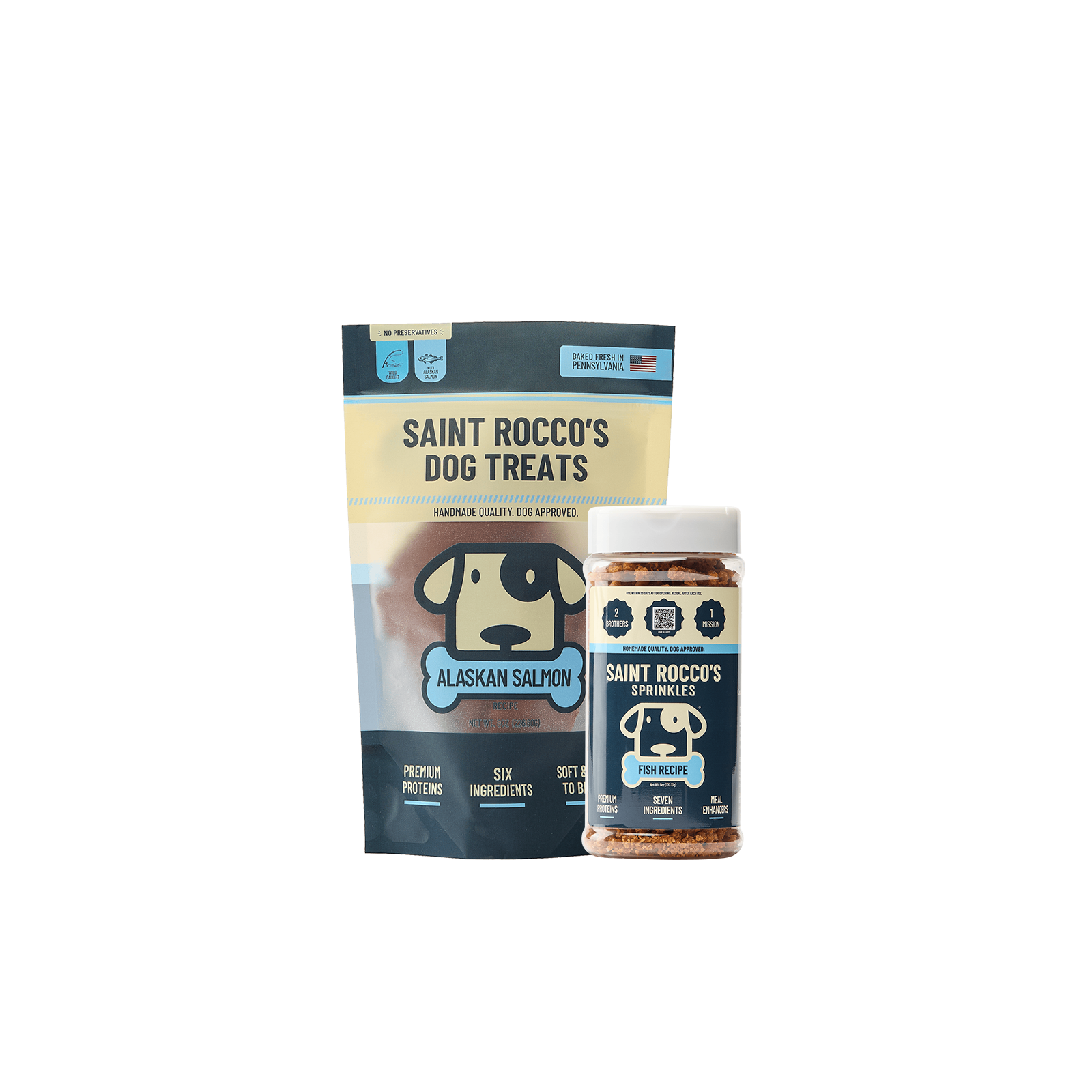 Saint Rocco's wild-caught alaskan salmon treats paired with the fish spinkles meal-enhancer.