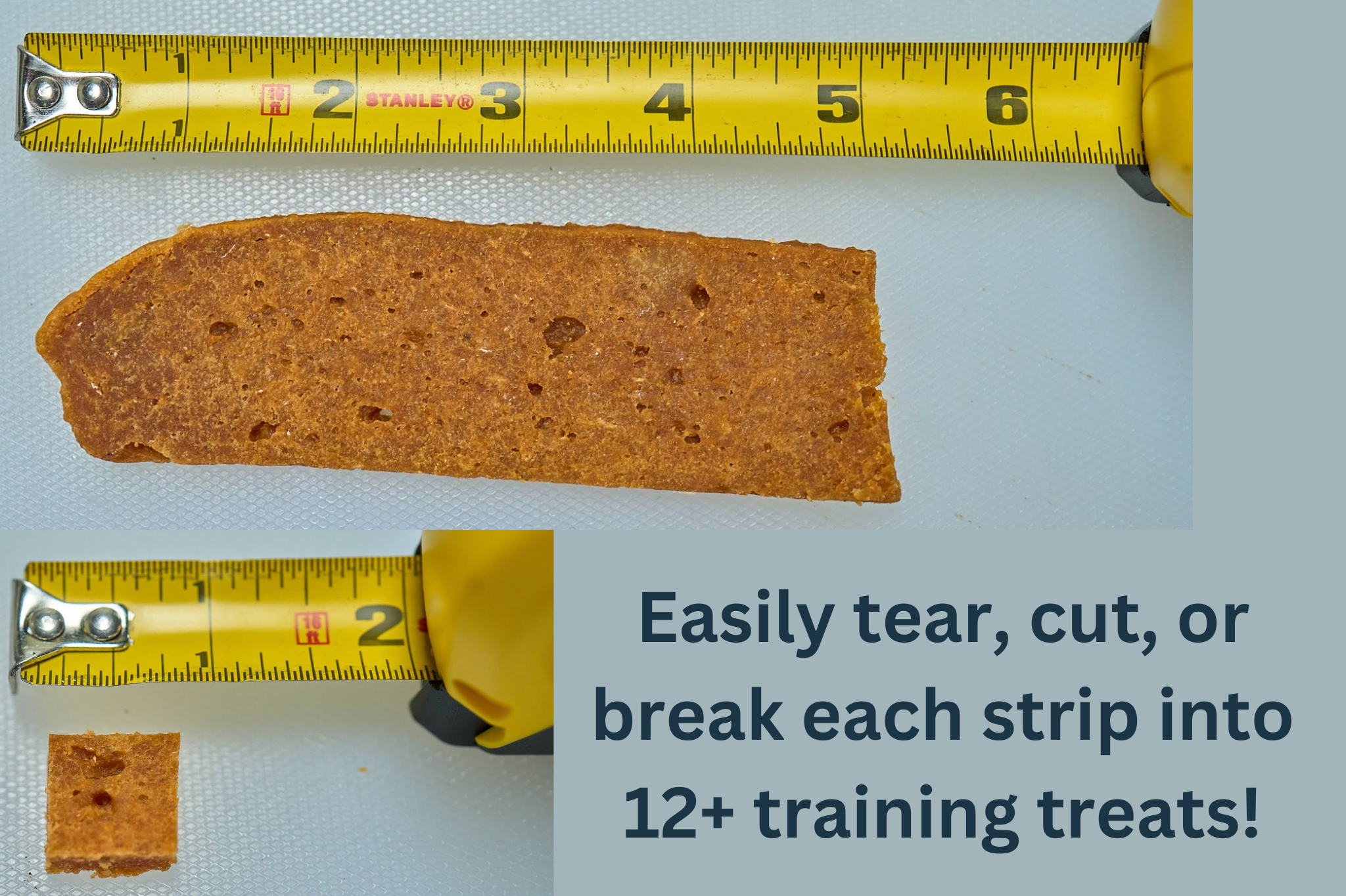 A tan rectangular Alaskan Salmon Treat from Saint Rocco's Treats is shown by a tape measure at 3.5" long, with a smaller piece nearby. Text reads: "Easily break each strip into 12+ training treats!.