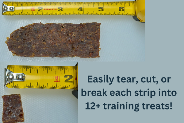 A strip of Saint Rocco’s Treats Top Sellers Bundle beside a yellow measuring tape shows the size. Text: Tear, cut, or break each strip into 12+ training treats! Gray background. Also great as a meal topper.