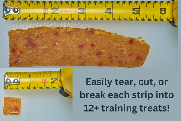A Saint Rocco's Treats Chicken and Sweets strip, about 4 inches long, is shown next to a measuring tape with a small square piece and text: Easily tear or cut each artisan dog treat strip into 12+ training treats!.