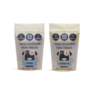 Two packages of Saint Rocco's Dog Treats on a white background
