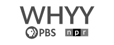 Logo for WHYY, a public media organization, featuring the PBS and NPR logos below the WHYY name on a light background.