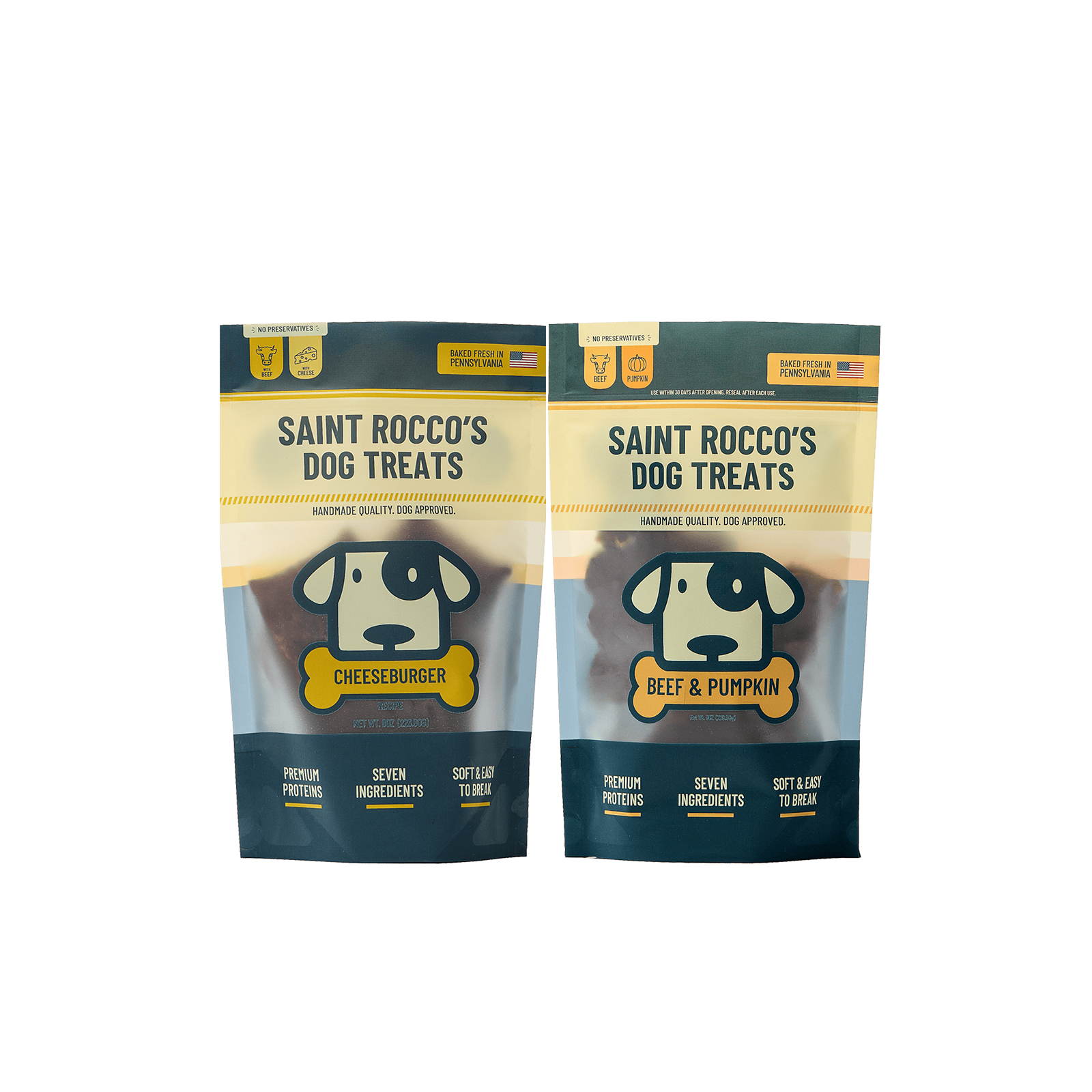 Bundle of Saint Rocco's beef & romano cheese and beef & pumpkin 8oz bag treats.