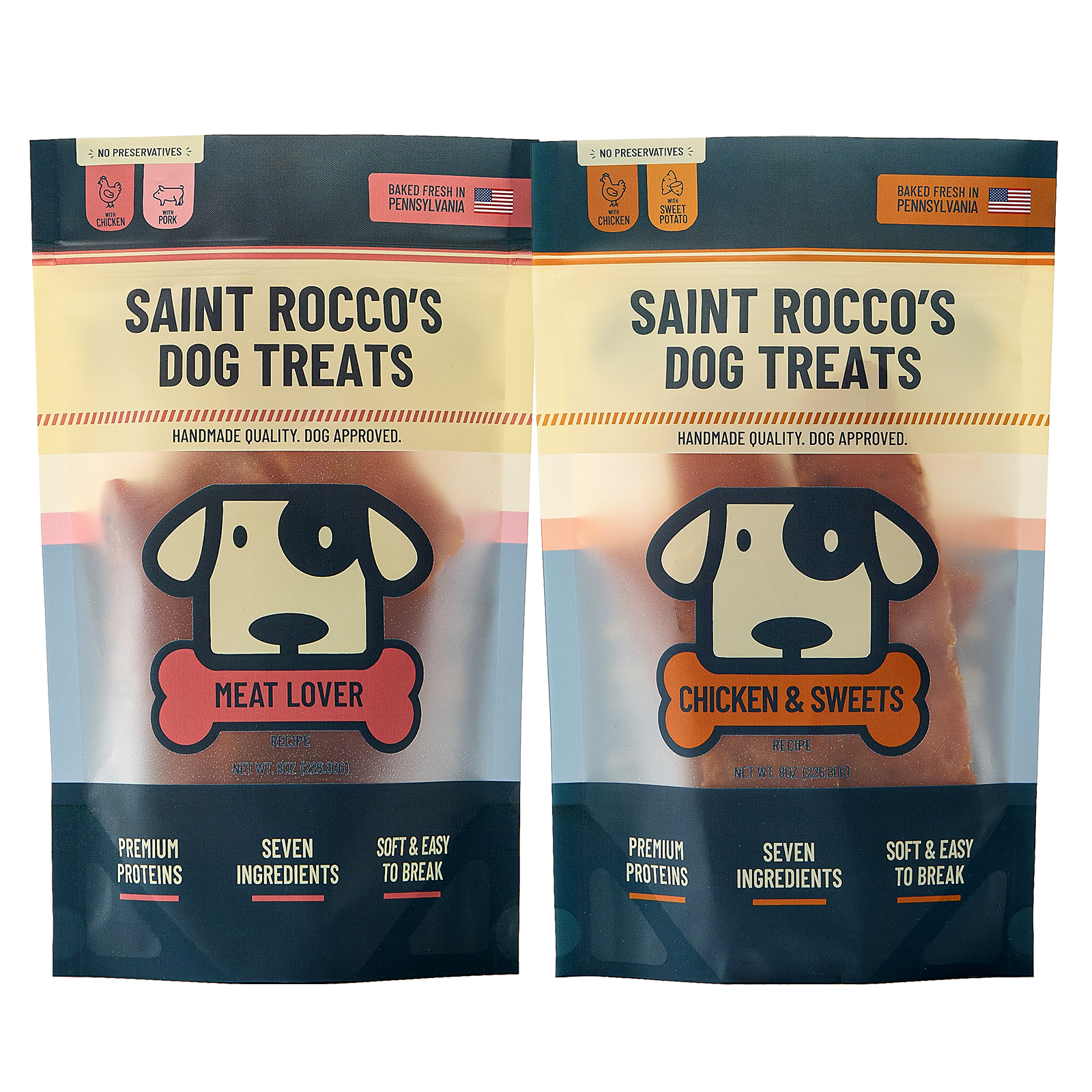 Bundle of Saint Rocco's chicken & bacon and chicken & sweet potato 8oz bag treats.