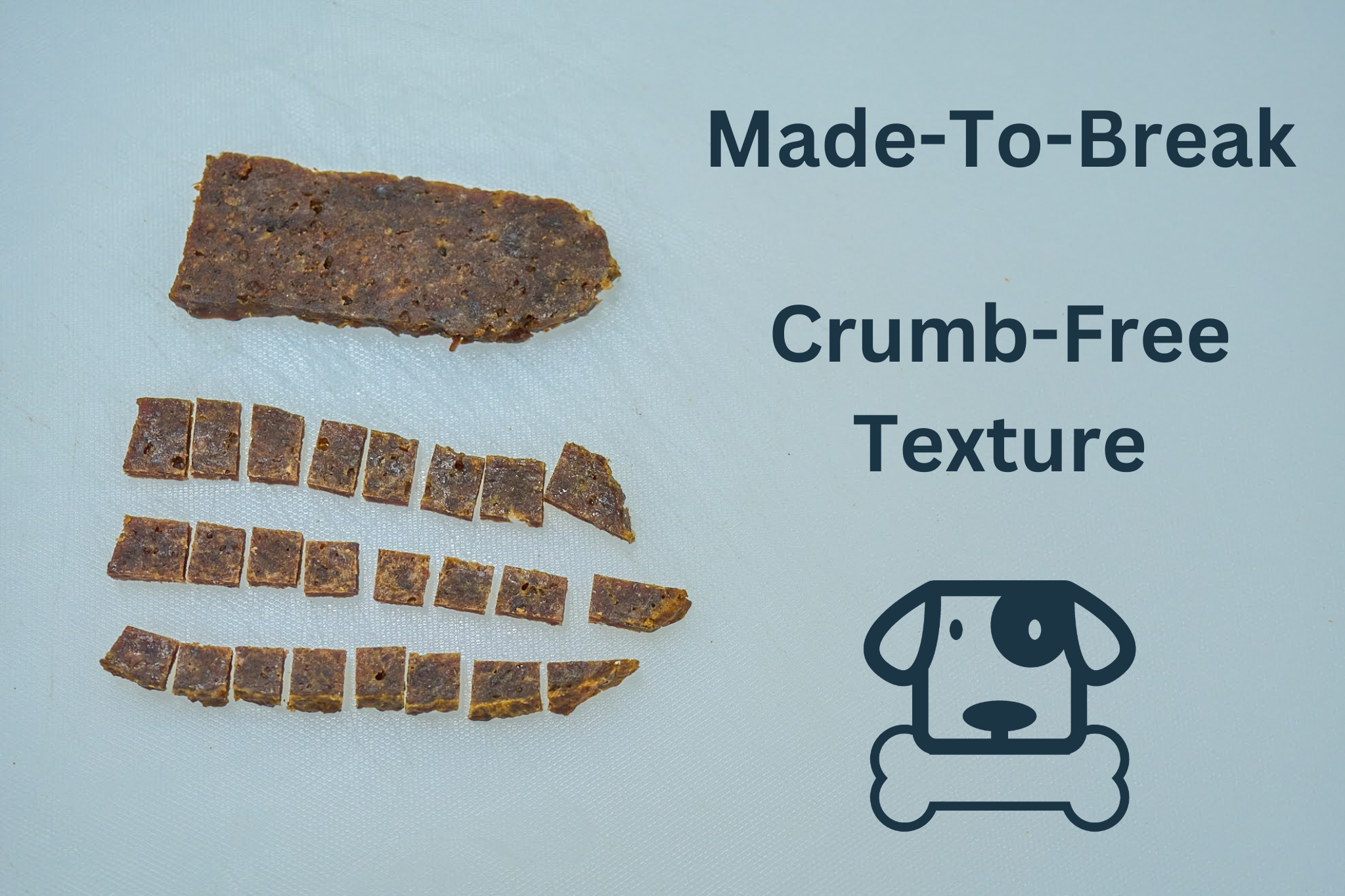 A rectangular Saint Rocco's Treats Beef and Bacon Treat is shown whole, then broken into pieces to show its crumb-free, easy-to-break texture. "Made-To-Break Crumb-Free Texture" appears beside a dog and bone icon.