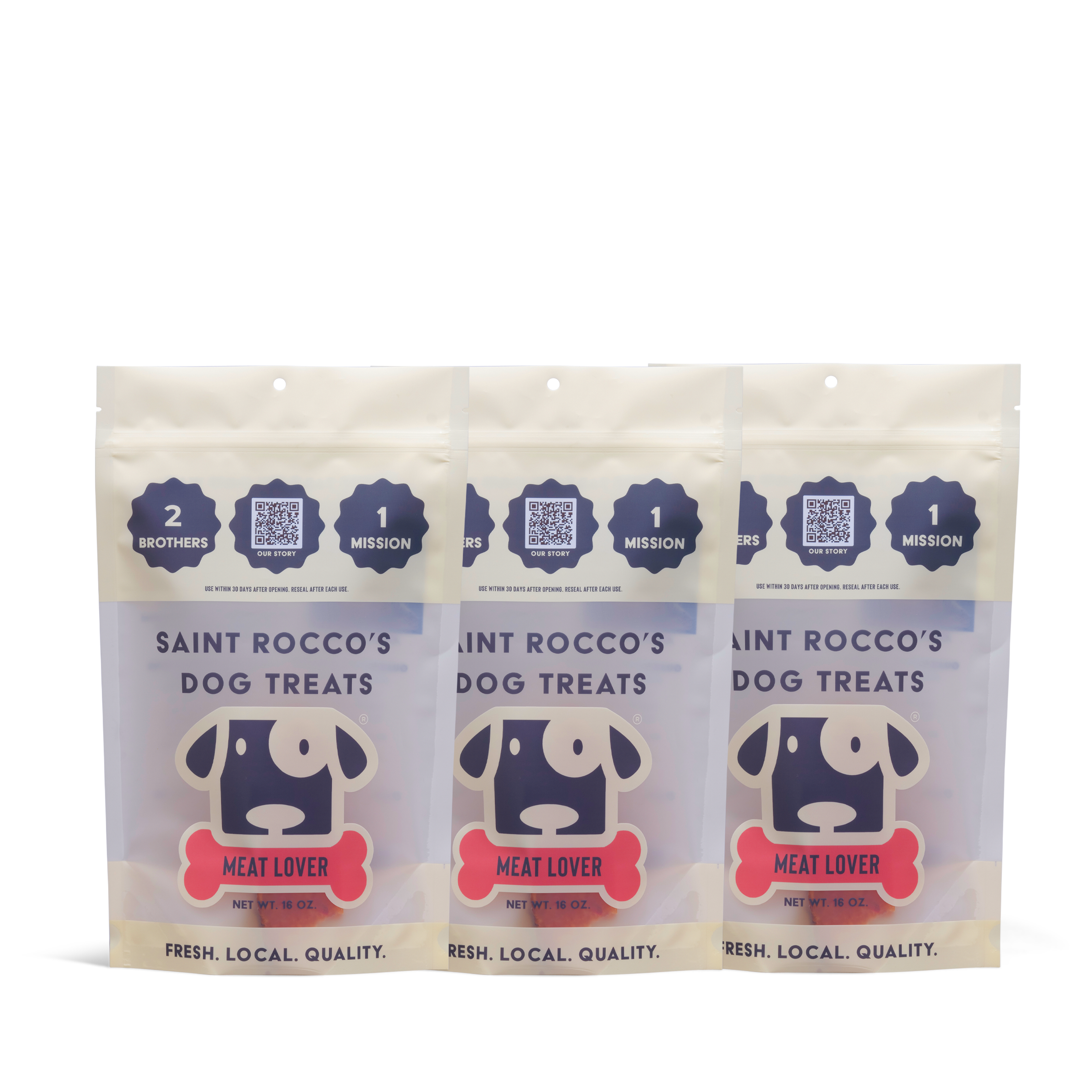 Three packages of Saint Rocco's Treats Meat Lover Treats are shown side by side, each featuring a stylized dog illustration and text emphasizing quality ingredients and the brand’s commitment to pets.