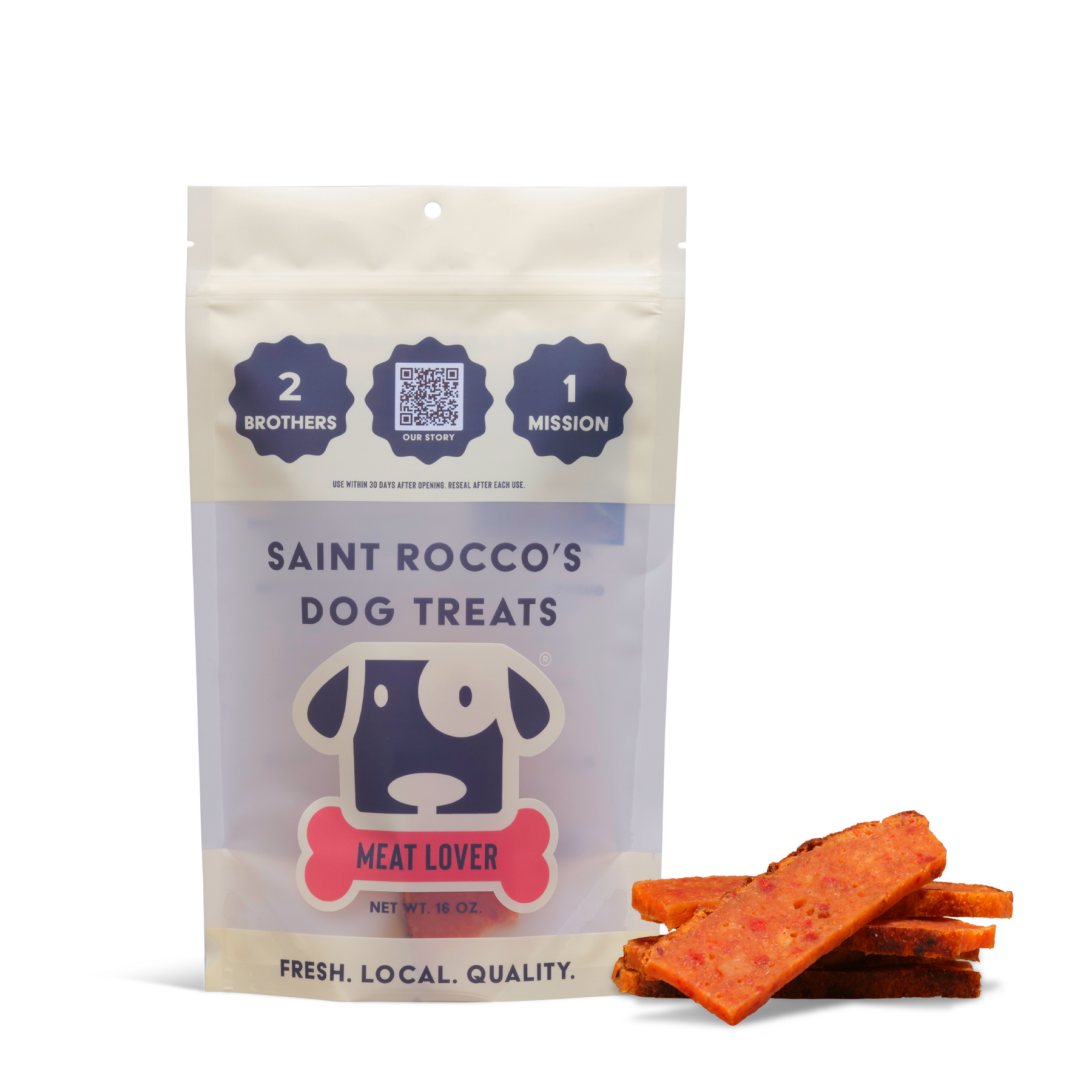 A package of Saint Rocco's Treats labeled Meat Lover stands beside several orange sticks. The packaging features “2 brothers, 1 mission” and the phrases “Fresh. Local. Quality.”.