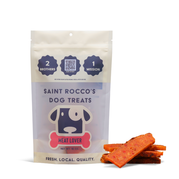Saint Rocco's Dog Treats packaging with treats on a white background