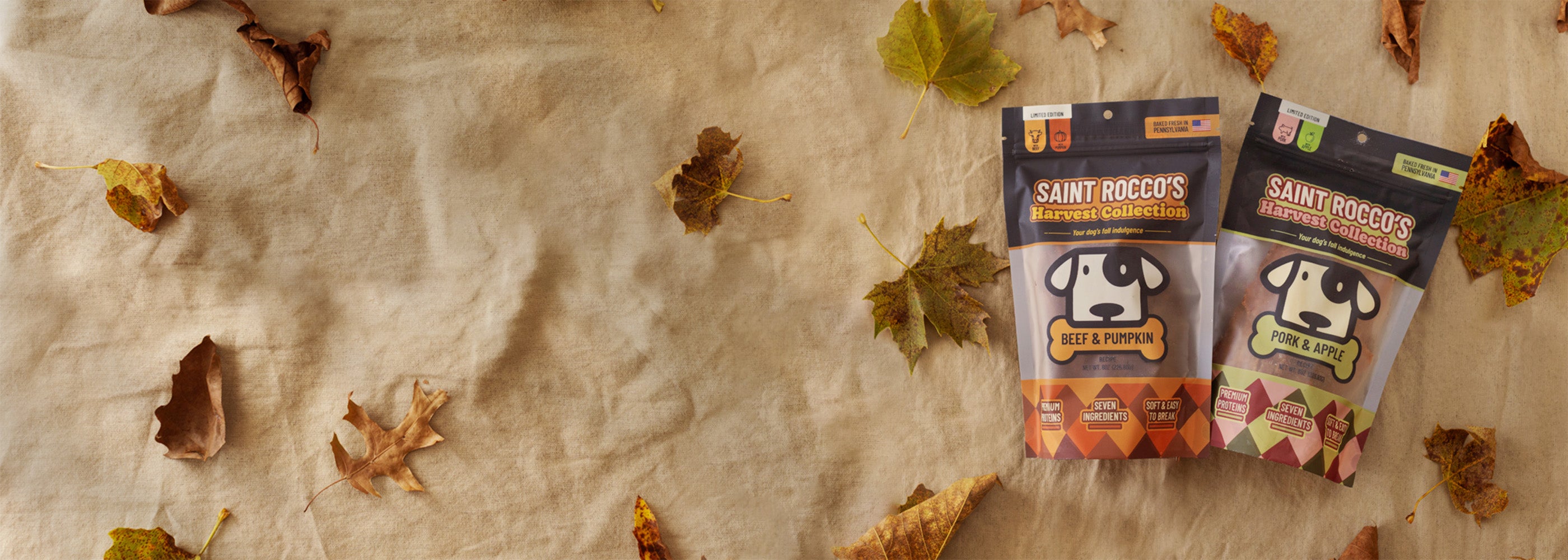 Two bags of Saint Rocco's Organic Dog & Human Treats placed on a beige fabric background scattered with autumn leaves. The bags are dark gray with orange and white branding and show different flavor illustrations.