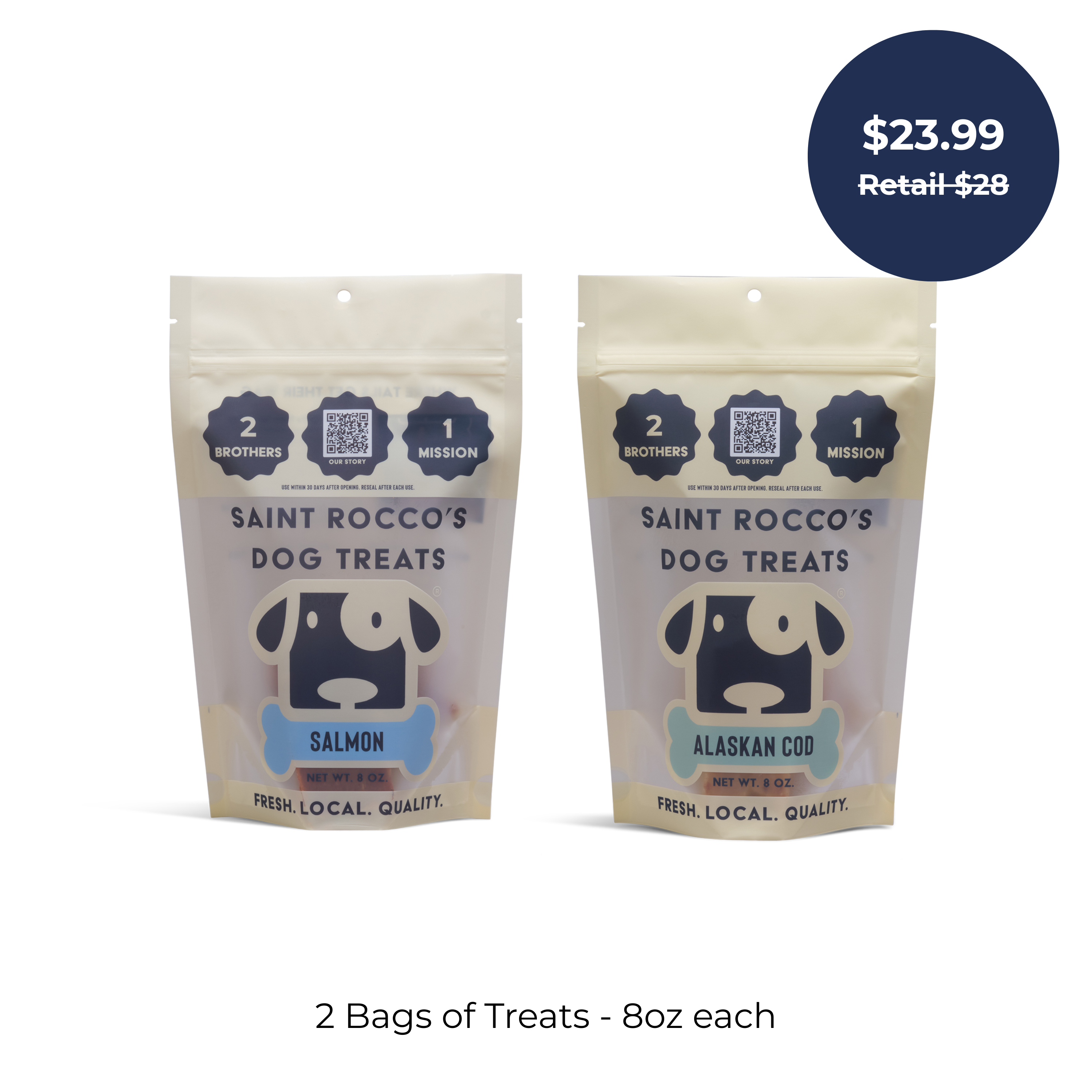 Get Saint Rocco's Treats Seafood Treats Sampler Bundle: two 8oz bags—Salmon and Alaskan Cod flavors—for just $23.99 (retail $28). Premium seafood treats your pup will love!.