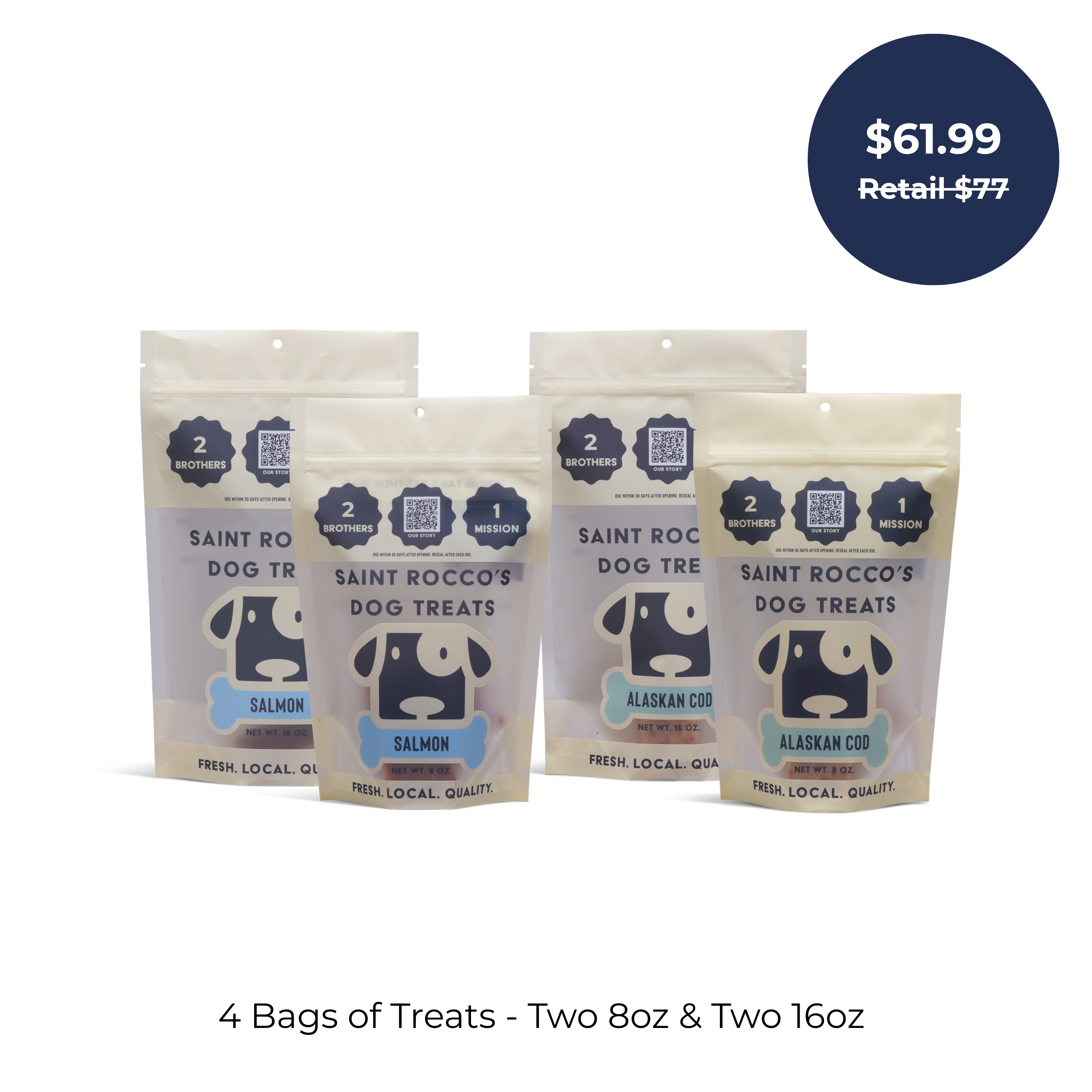 Saint Rocco's Treats Seafood Treats Sampler Bundle displays two 8oz and two 16oz bags of salmon and cod treats. Price bubble: $61.99 (retail $77). Text below lists the included bag sizes.