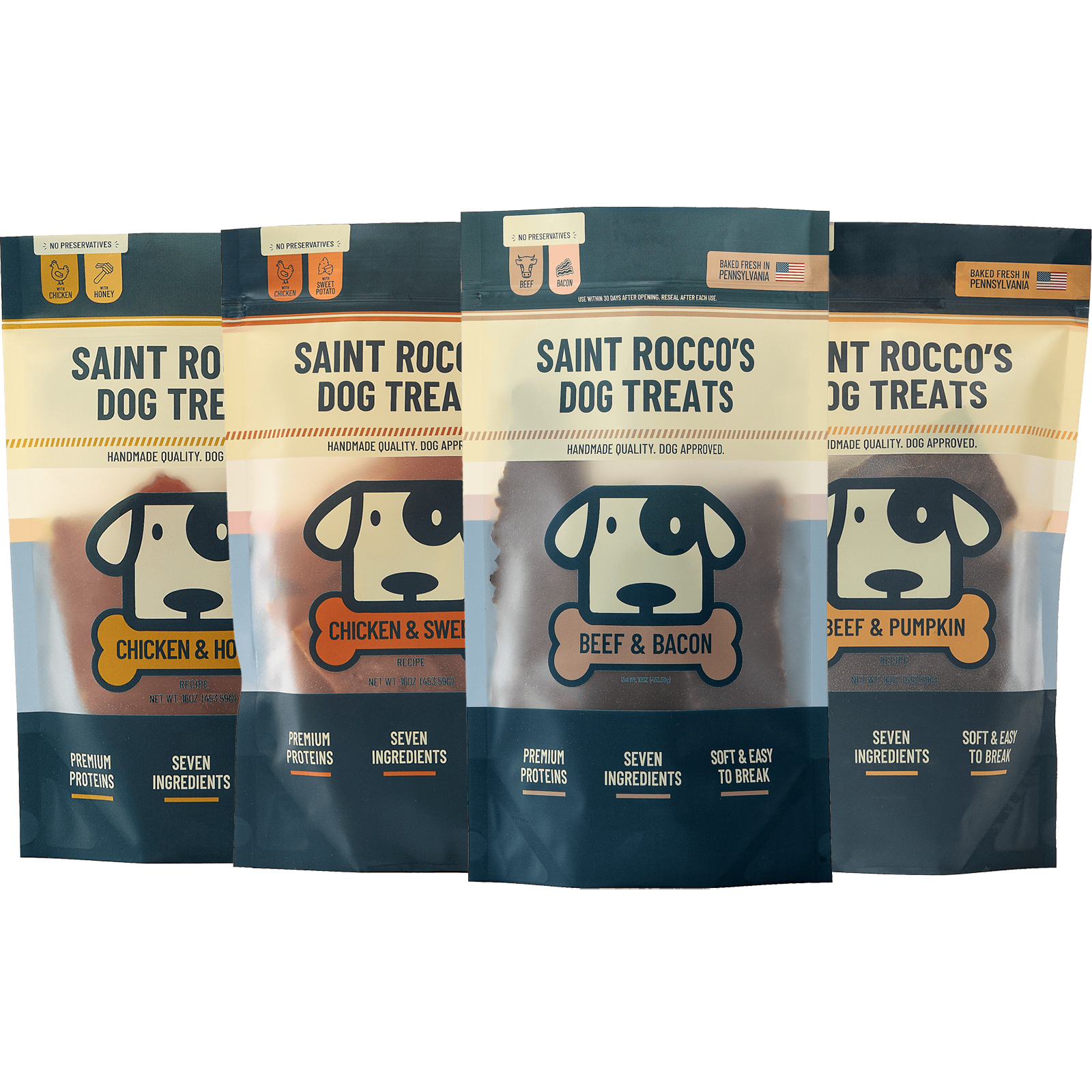 Saint Rocco's specialty bundle of 16oz beef & bacon, beef & pumpkin, chicken & sweet potato and chicken & honey bundled together.