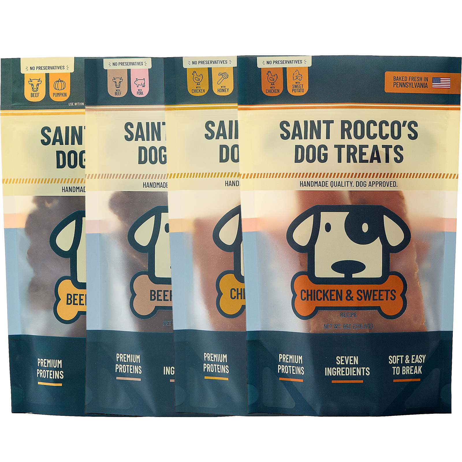 Saint Rocco's specialty bundle of 8oz beef & bacon, beef & pumpkin, chicken & sweet potato and chicken & honey bundled together.