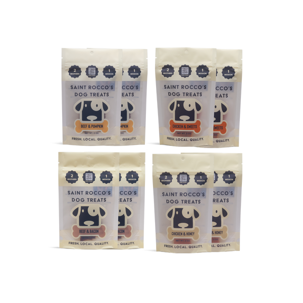 Four packages of Saint Rocco's Dog Treats on a white background