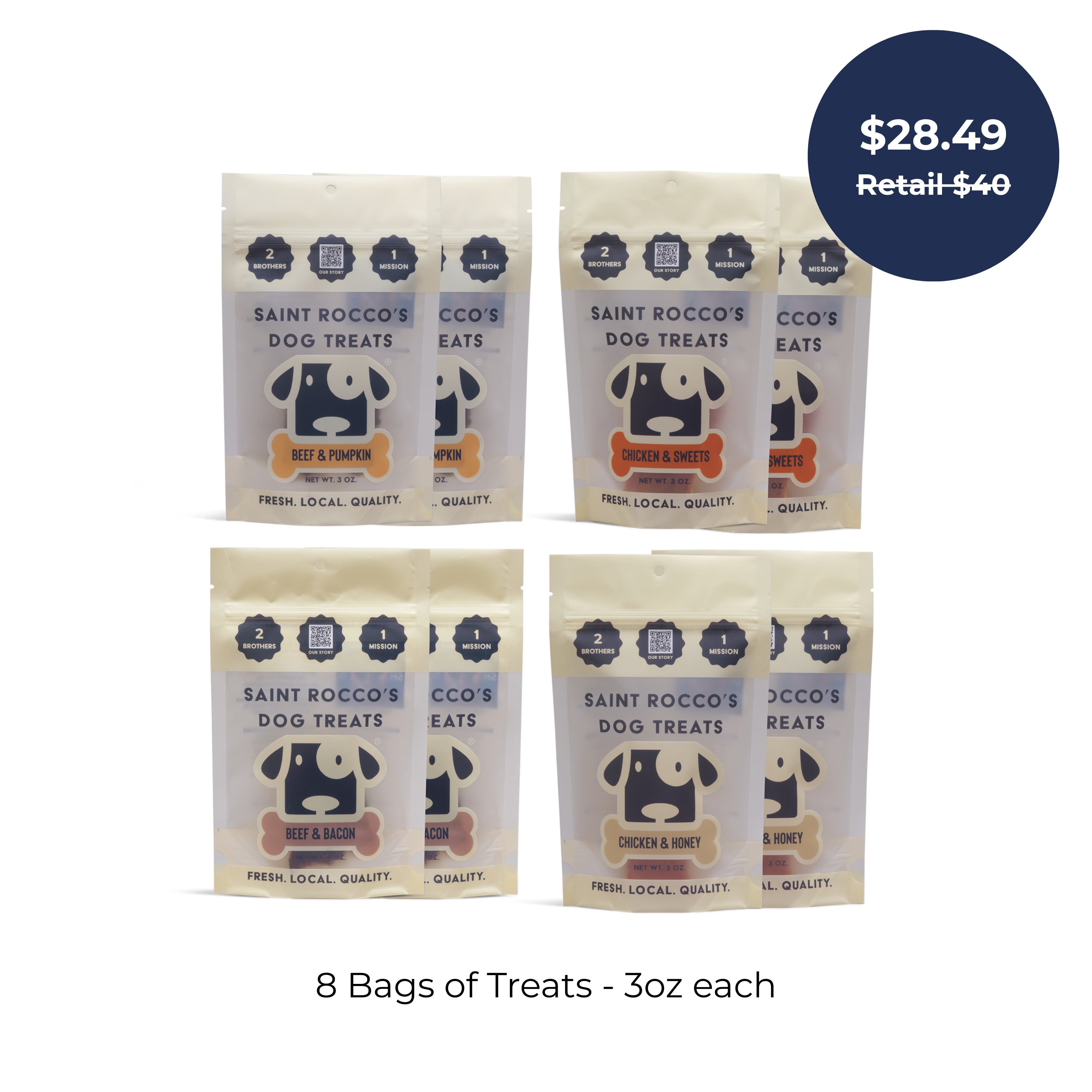 Eight bags of Saint Rocco's Treats Specialty Treats Bundle, 3oz each, are arranged in two rows with a blue circle showing the sale price of $28.49 (originally $40). Text reads: “8 Bags of Treats – 3oz each.”.