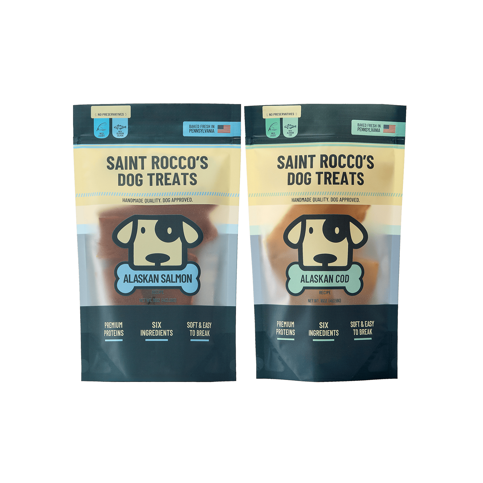 Bundle of Saint Rocco's alaskan salmon & alaskan cod 16oz bag treats.