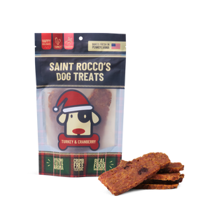Saint Rocco's Turkey and Cranberry Dog Treats packaging with treats displayed on a white background
