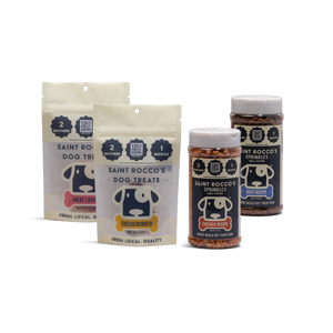 Saint Rocco's meat lover and cheeseburger dog treats and chicken and beef sprinkles packaging on a white background