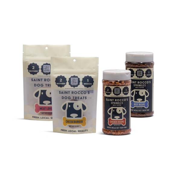 Saint Rocco's meat lover and cheeseburger dog treats and chicken and beef sprinkles packaging on a white background